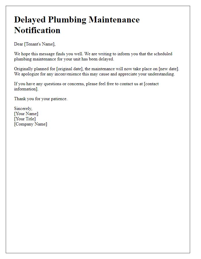 Letter template of delayed plumbing maintenance notification