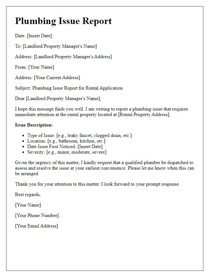 Letter template of plumbing issue report for rental application