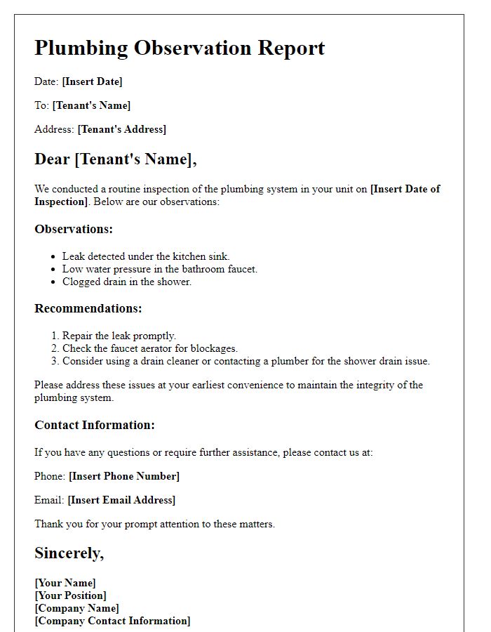 Letter template of plumbing observation report for tenants