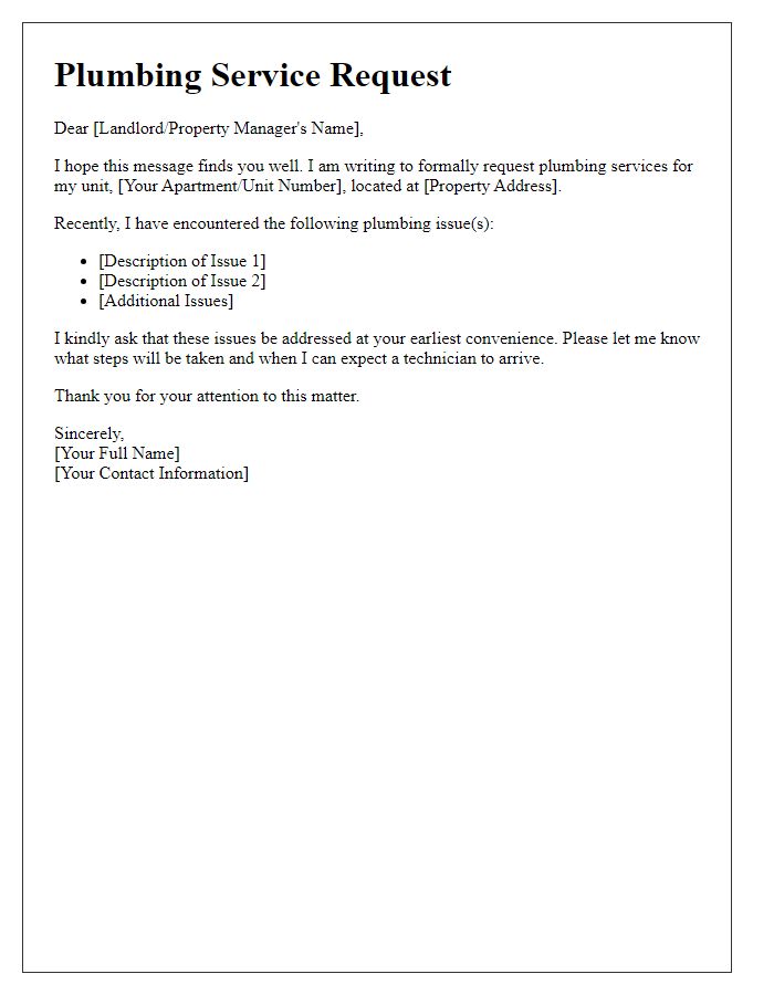 Letter template of plumbing service request for leaseholders