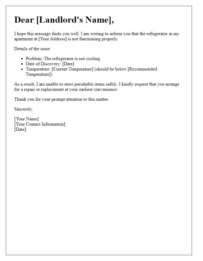 Letter template of broken refrigerator report for tenant-landlord communication.