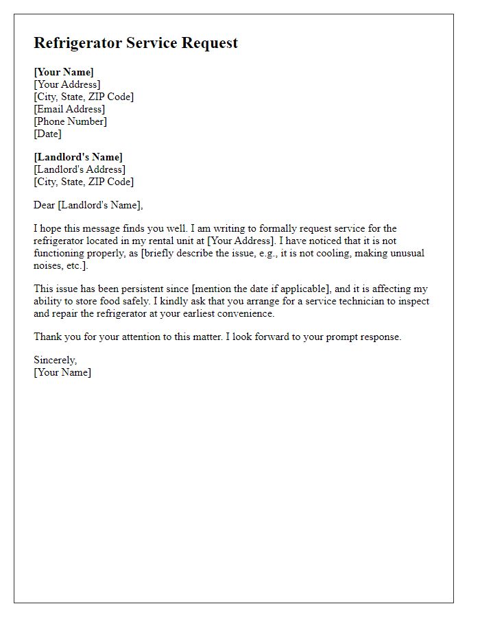 Letter template of refrigerator service request for rental property issues.