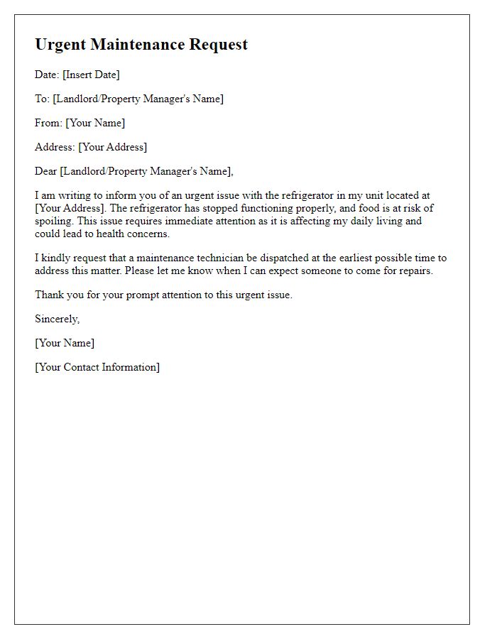 Letter template of urgent refrigerator maintenance request for tenants.