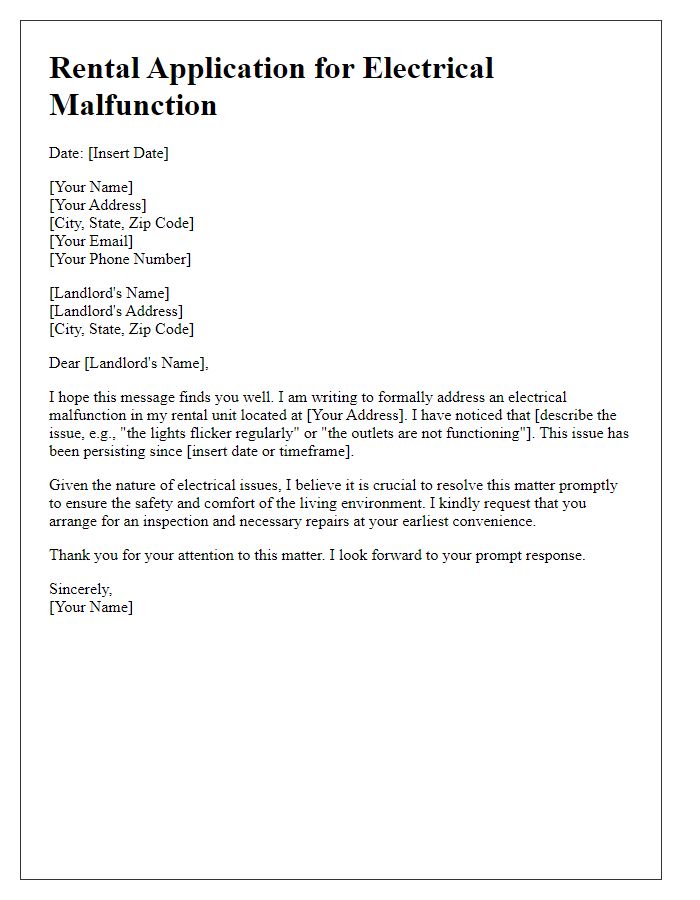 Letter template of rental application to address electrical malfunction.