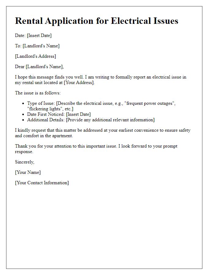 Letter template of rental application for reporting electrical issues.