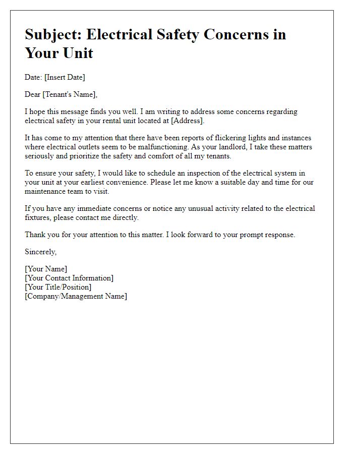 Letter template of rental communication about electrical safety concerns.