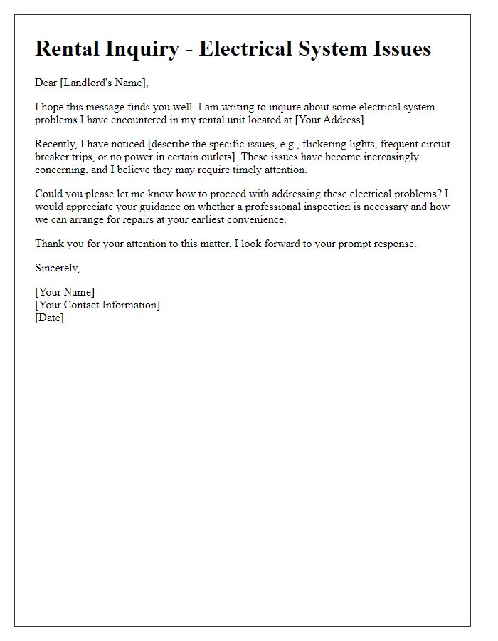 Letter template of rental inquiry regarding electrical system problems.