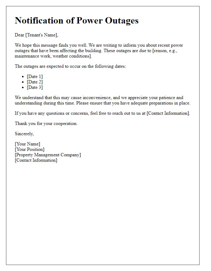 Letter template of rental notification regarding power outages.