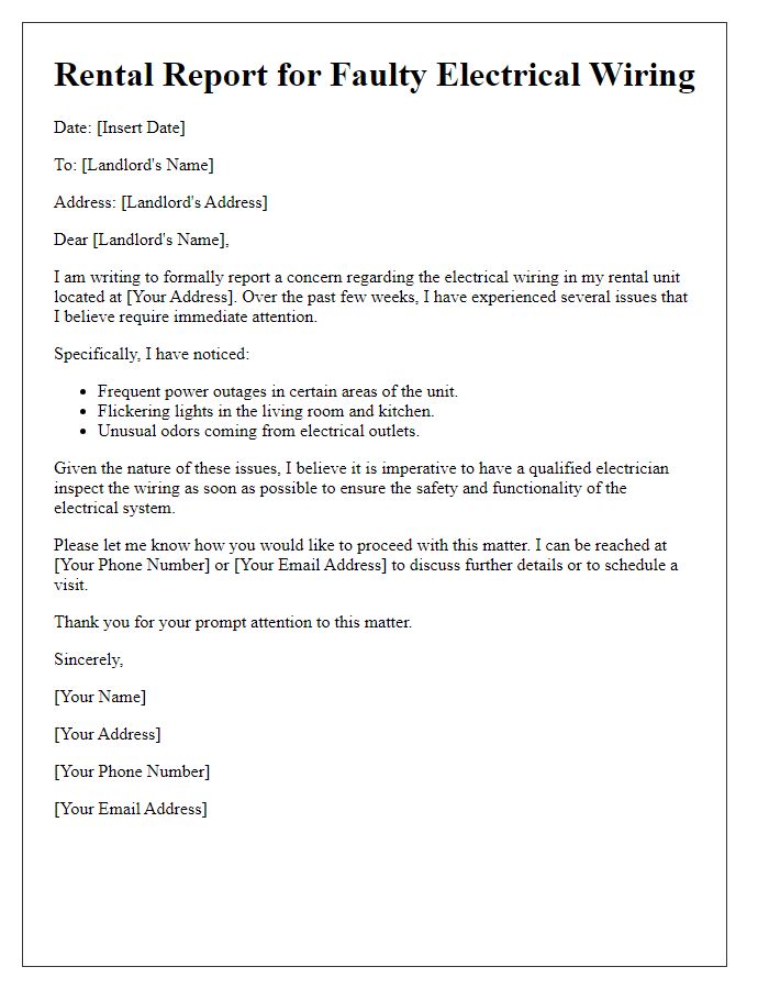 Letter template of rental report for faulty electrical wiring.