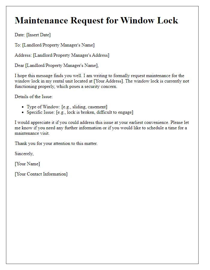 Letter template of maintenance request for window lock in rental space.