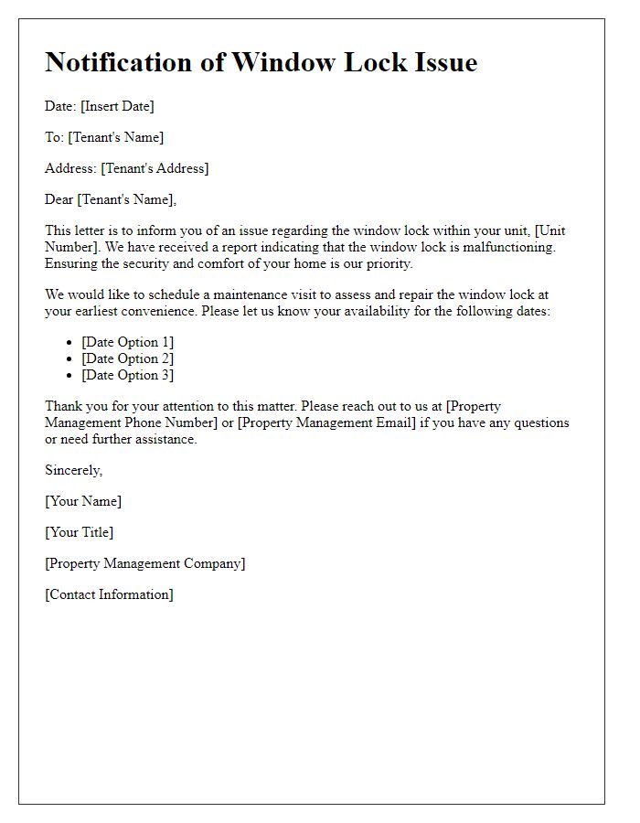 Letter template of notification for window lock issue within tenant's unit.