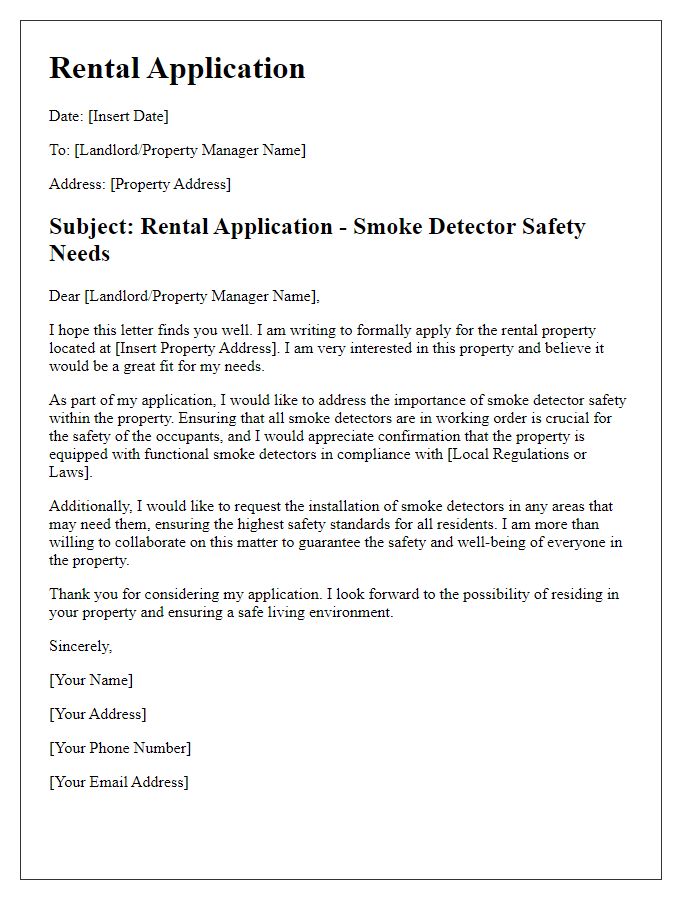 Letter template of rental application highlighting smoke detector safety needs