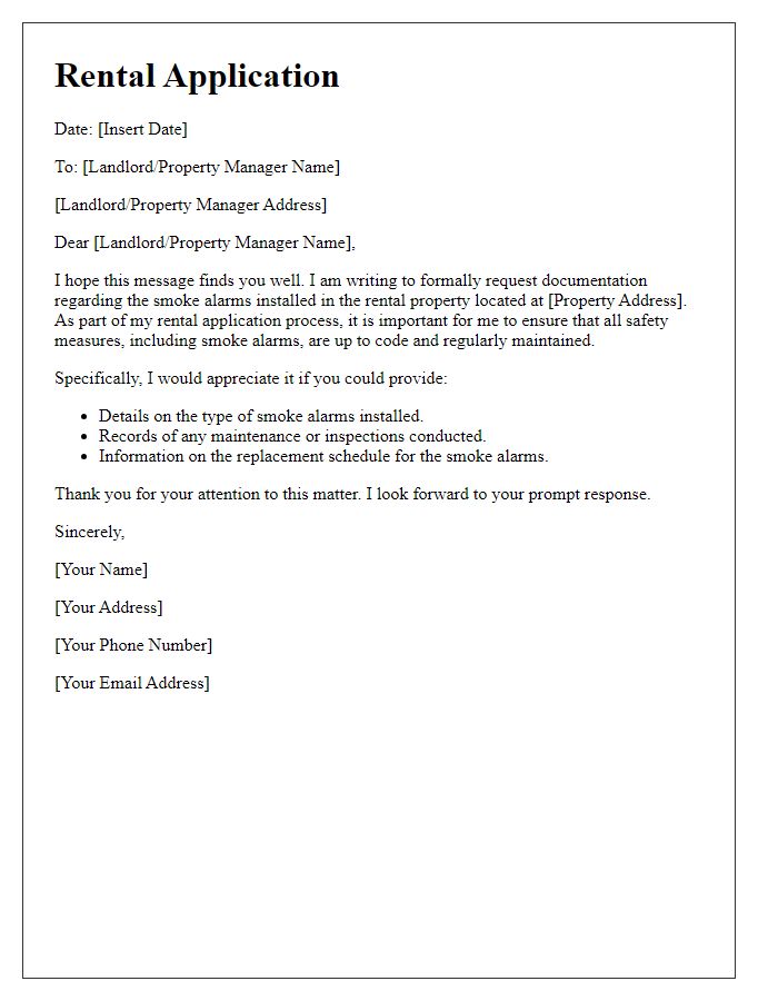 Letter template of rental application requesting documentation on smoke alarms