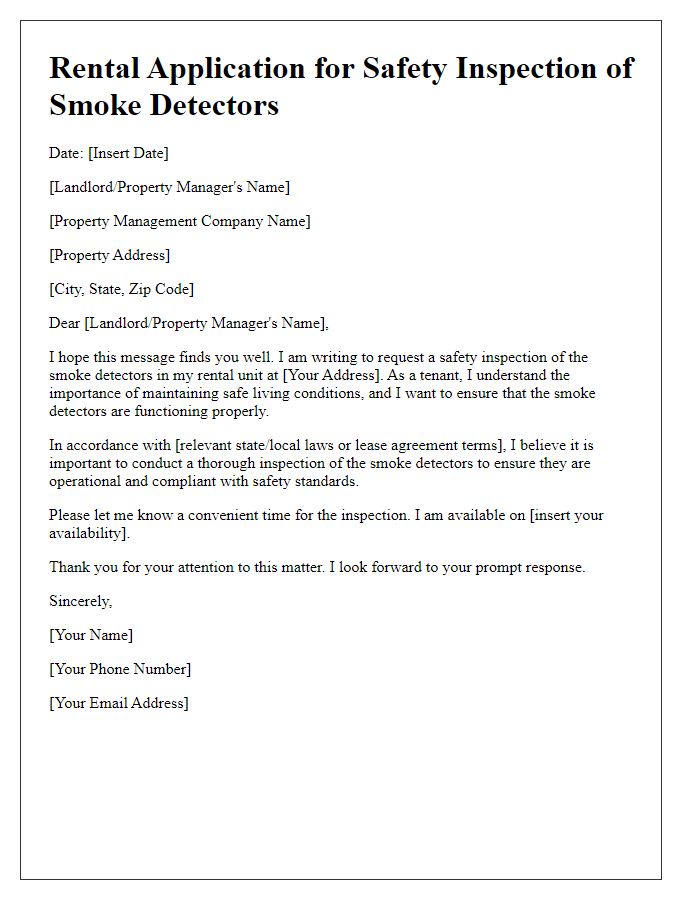 Letter template of rental application for safety inspection of smoke detectors