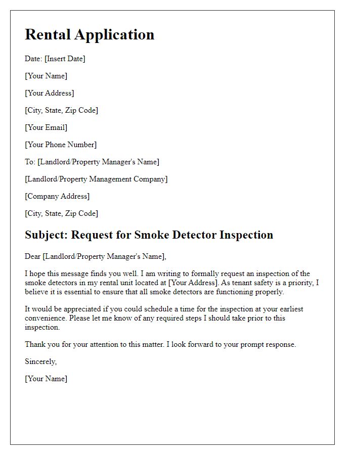 Letter template of rental application for smoke detector inspection request