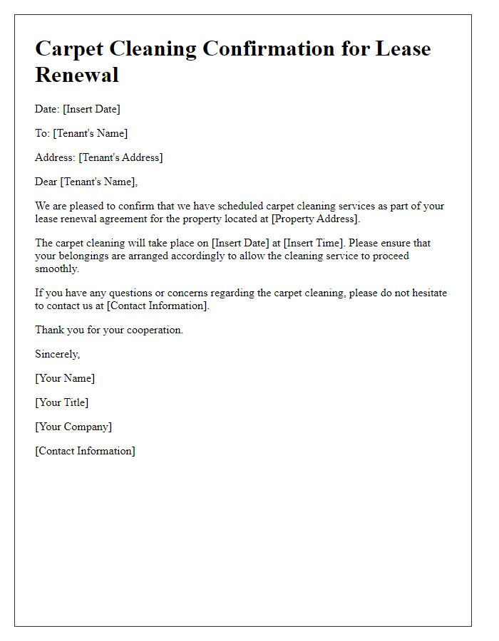 Letter template of carpet cleaning confirmation for lease renewal