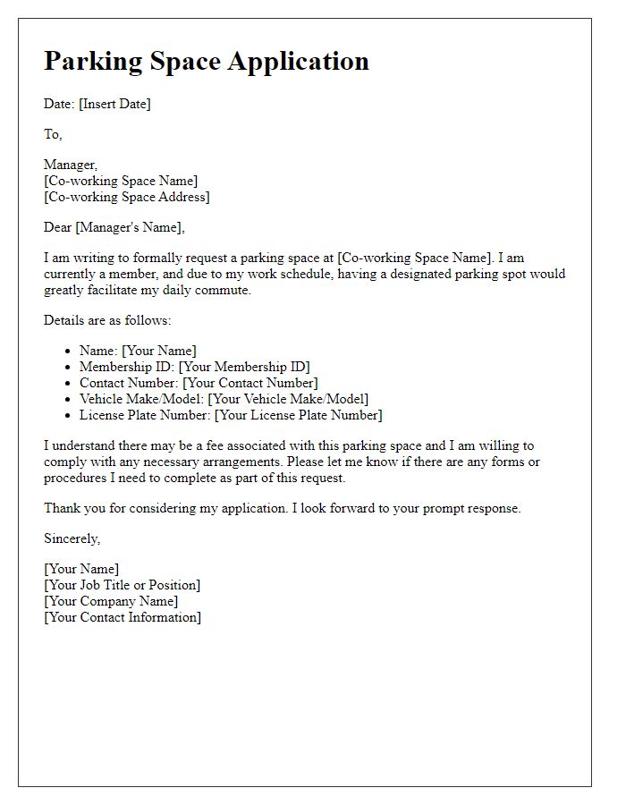 Letter template of parking space application for a co-working space