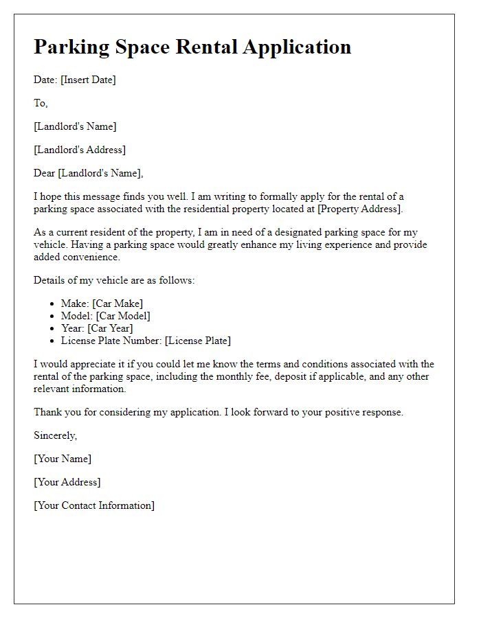 Letter template of parking space rental application for residential property