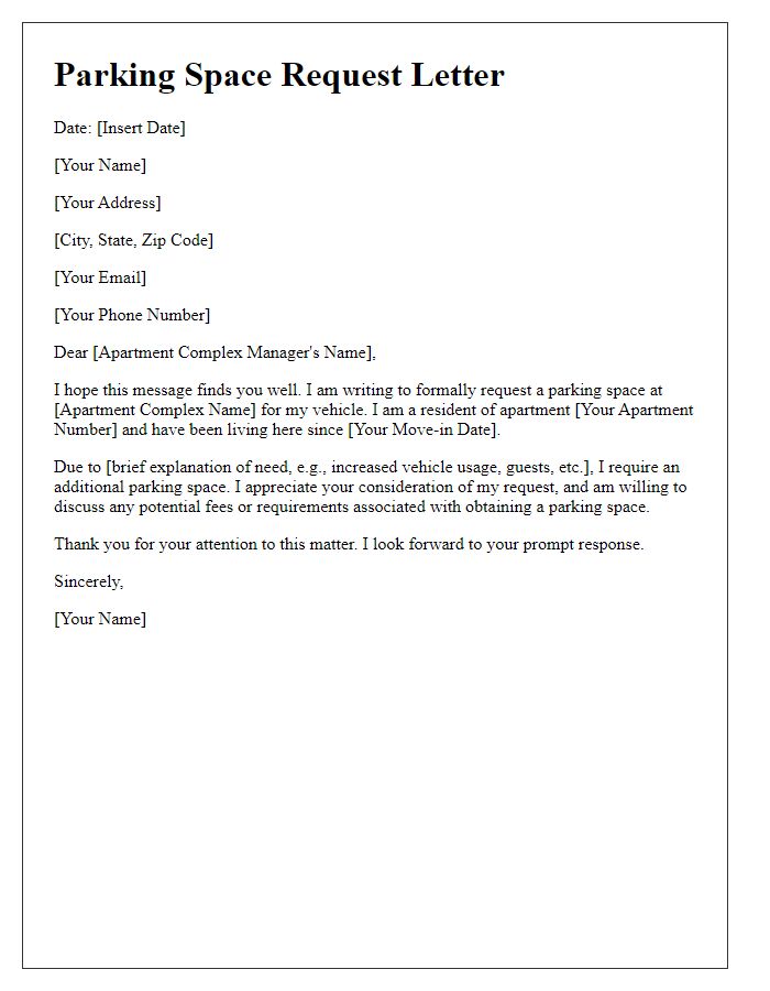 Letter template of parking space request for apartment complex