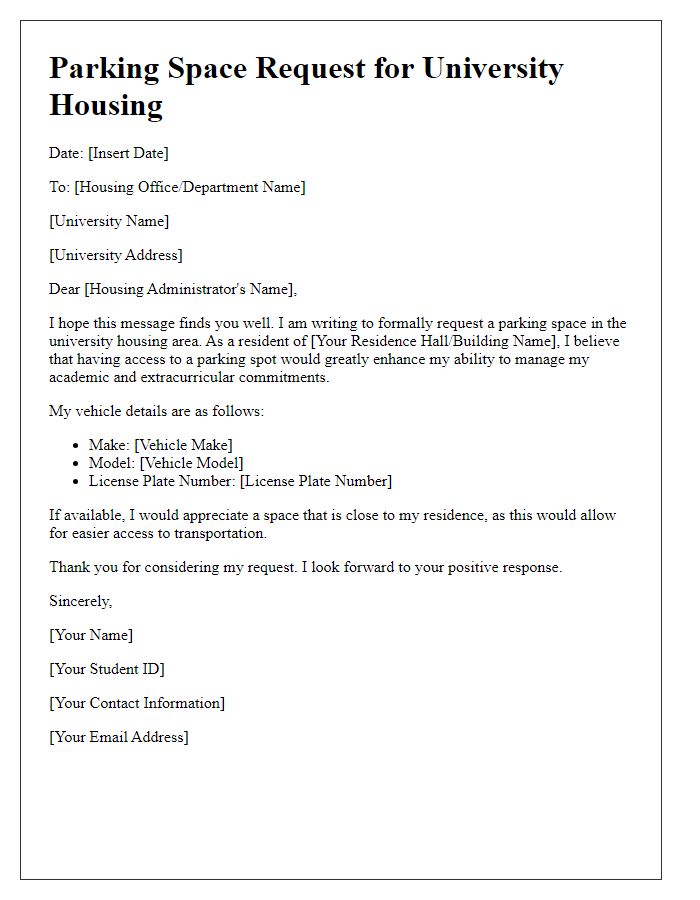 Letter template of parking space request for university housing