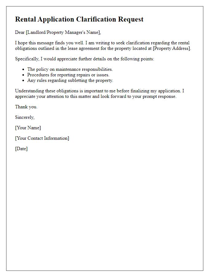 Letter template of rental application asking for clarification on rental obligations.