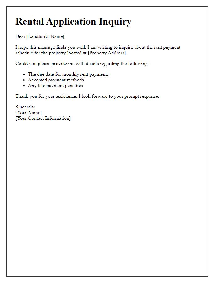 Letter template of rental application inquiring about rent payment schedule.