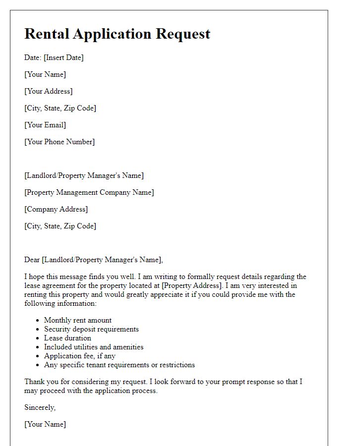 Letter template of rental application request for lease agreement details.