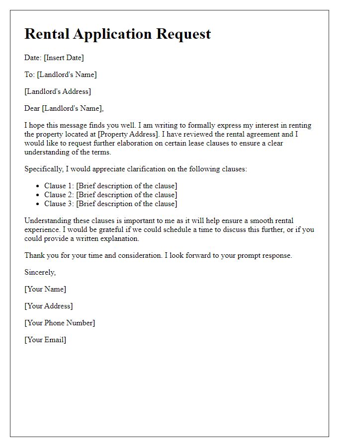 Letter template of rental application requesting elaboration on lease clauses.