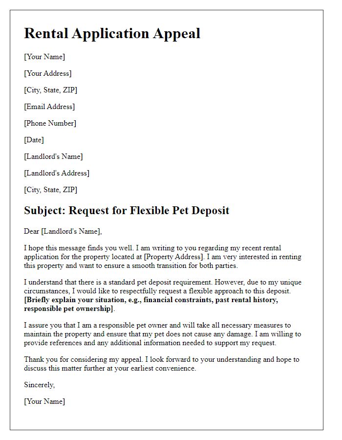 Letter template of rental application appealing for a flexible pet deposit