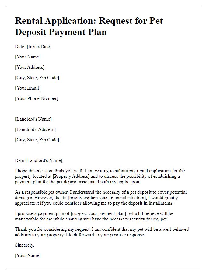 Letter template of rental application asking for a payment plan for pet deposit