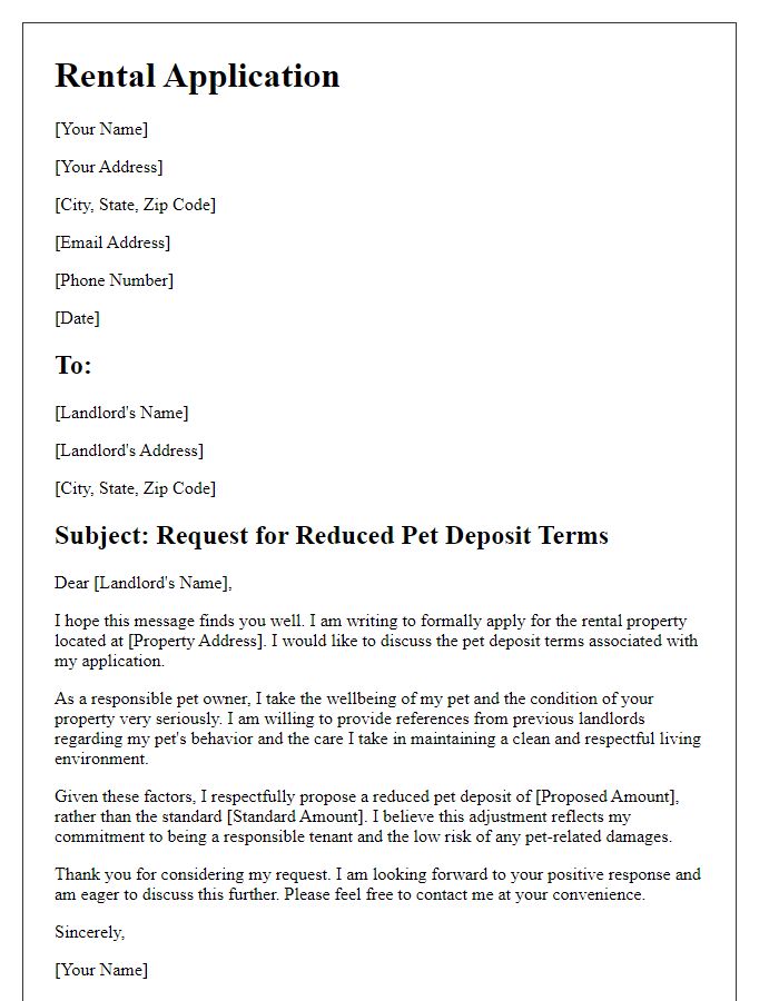 Letter template of rental application proposing reduced pet deposit terms