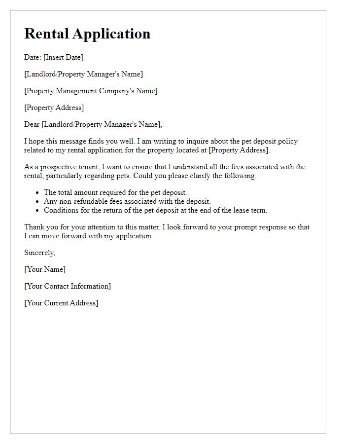 Letter template of rental application seeking clarification on pet deposit policy