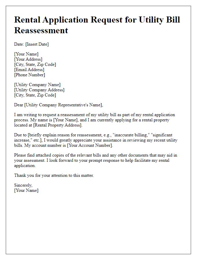 Letter template of rental application request for utility bill reassessment