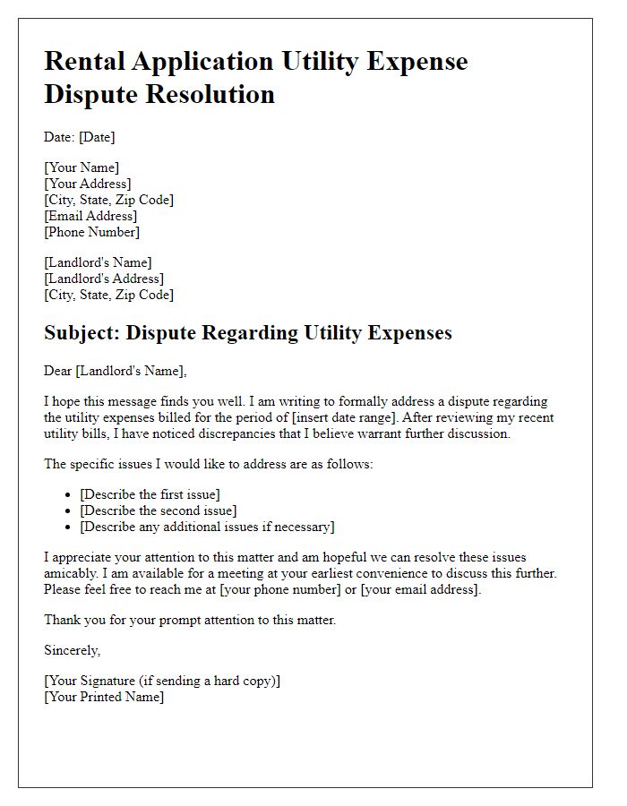 Letter template of rental application utility expense dispute resolution