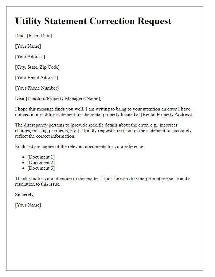 Letter template of rental application utility statement correction