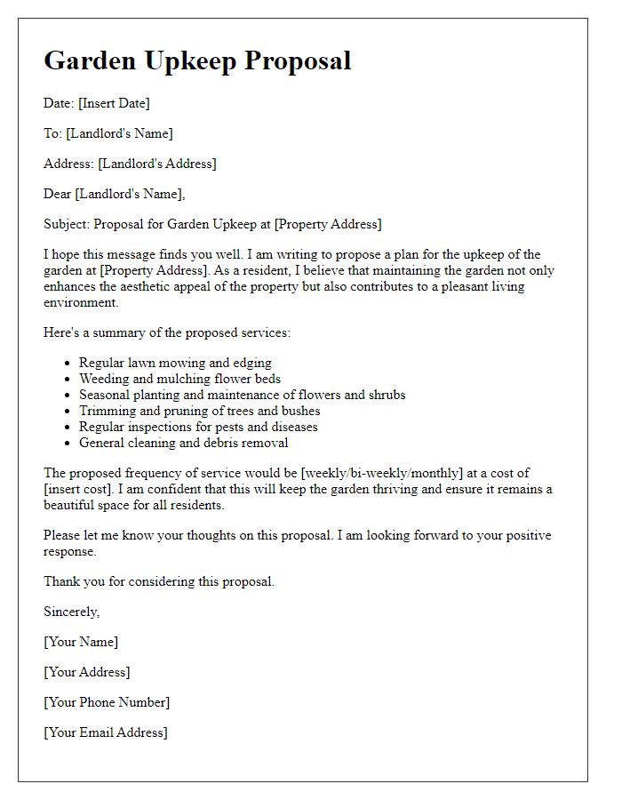 Letter template of garden upkeep proposal for residential leasing.