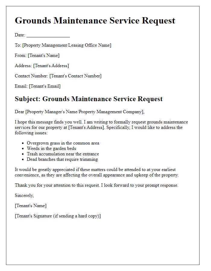 Letter template of grounds maintenance service request for tenants.