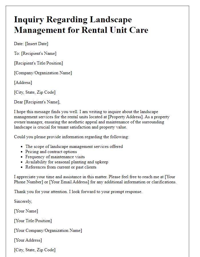 Letter template of landscape management inquiry for rental unit care.