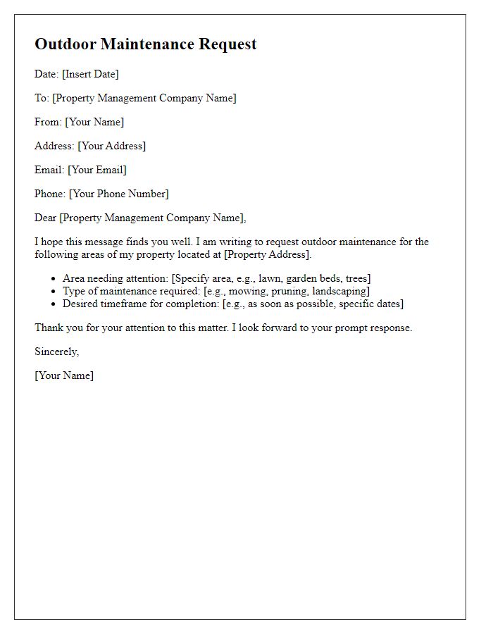 Letter template of outdoor maintenance request for property management.