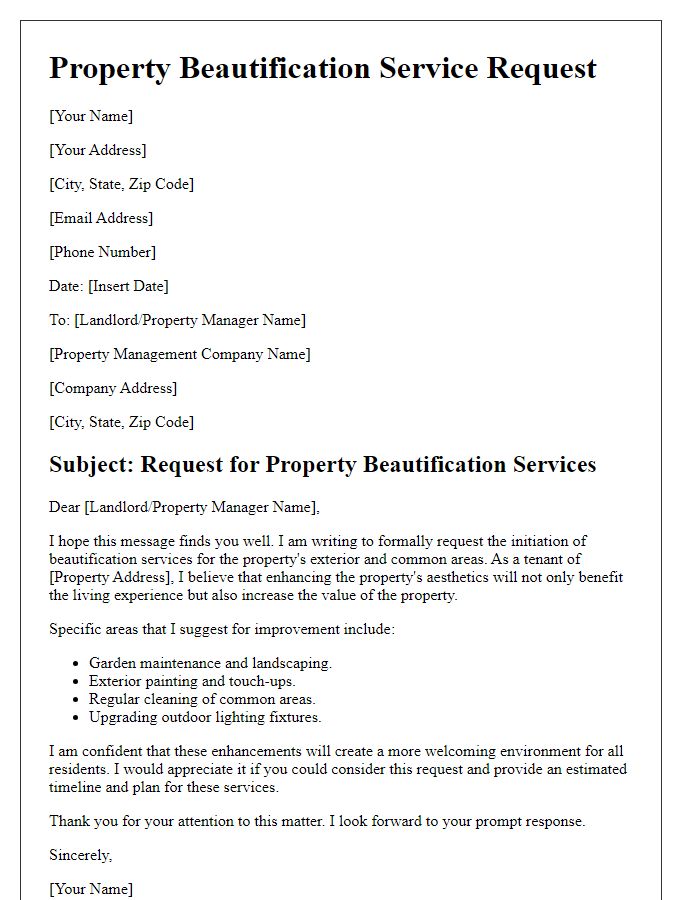 Letter template of property beautification service request for tenants.