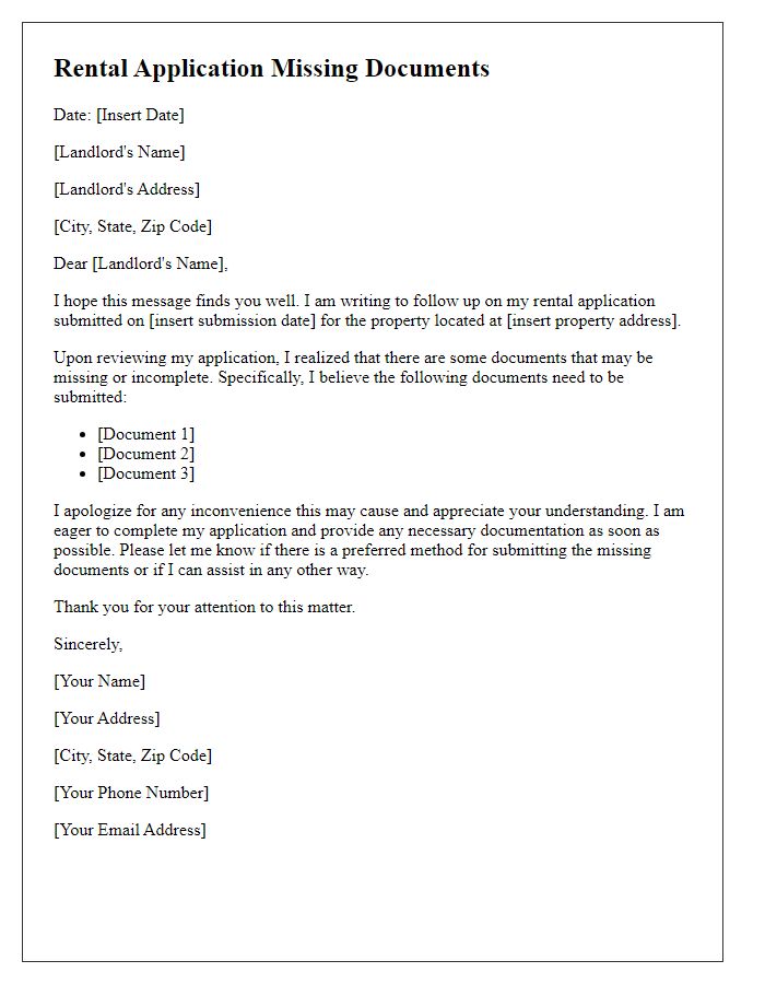 Letter template of rental application about missing application documents.