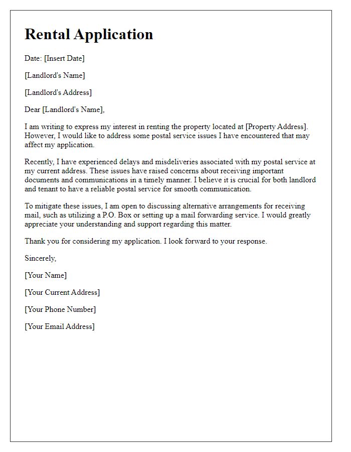 Letter template of rental application addressing postal service issues.