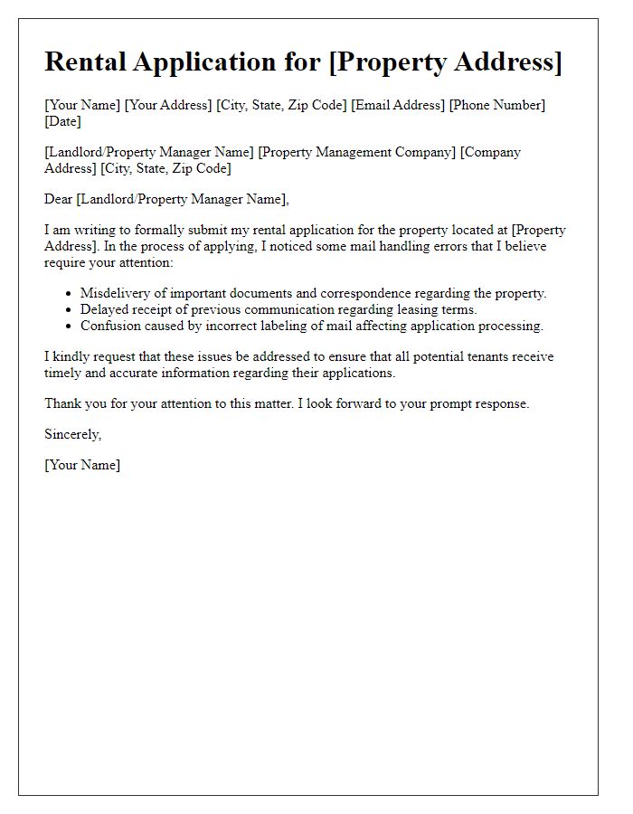 Letter template of rental application pointing out mail handling errors.