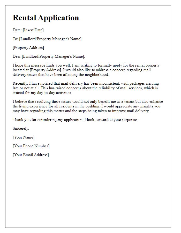 Letter template of rental application regarding mail delivery problems.