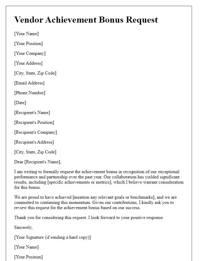 Letter template of vendor achievement bonus request