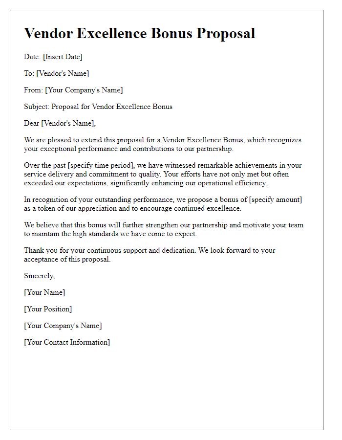 Letter template of vendor excellence bonus proposal