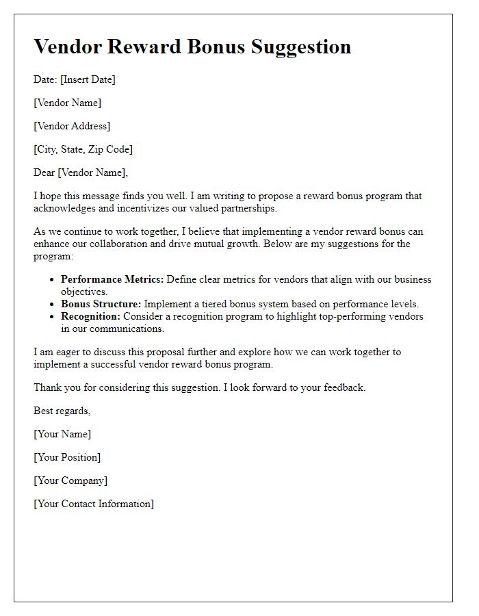 Letter template of vendor reward bonus suggestion
