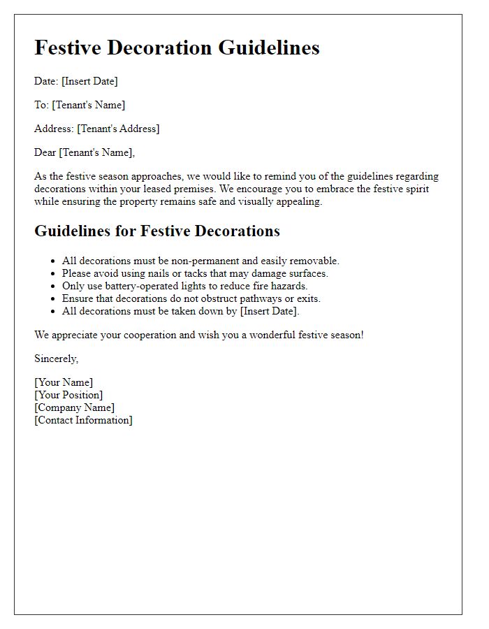 Letter template of festive decoration guidelines for lease agreement