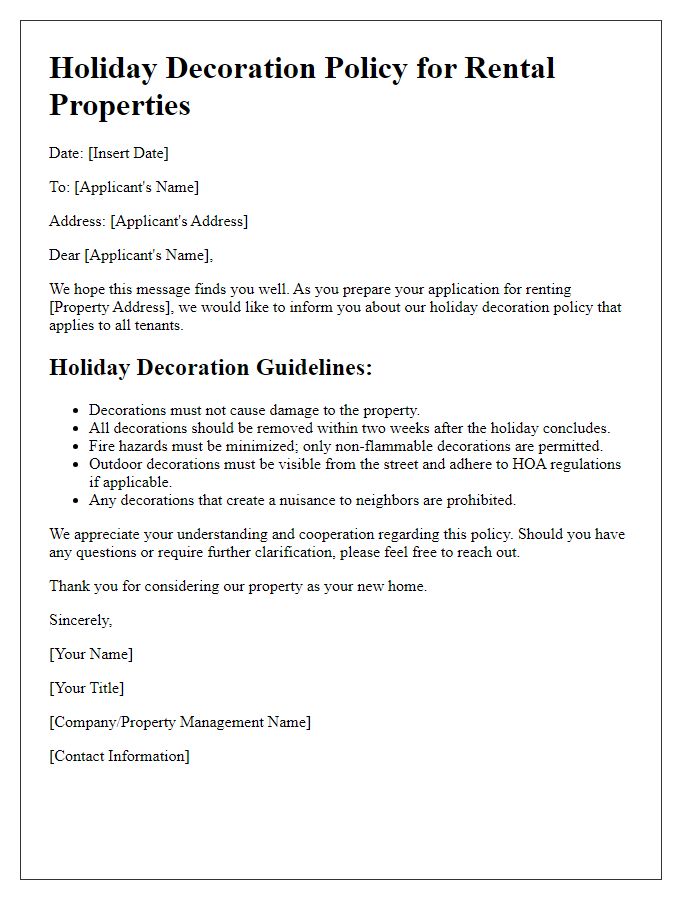 Letter template of holiday decoration policy for rental application