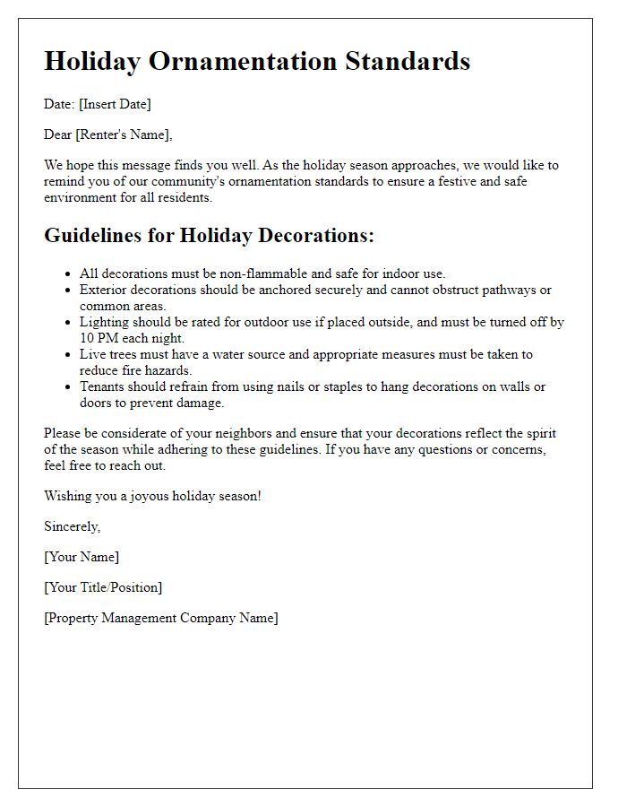 Letter template of holiday ornamentation standards for renters